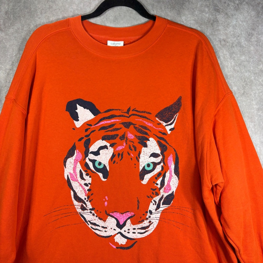Cabana by Crown & Ivy Sweatshirt Women S Orange Tiger Graphic Pullover Oversized